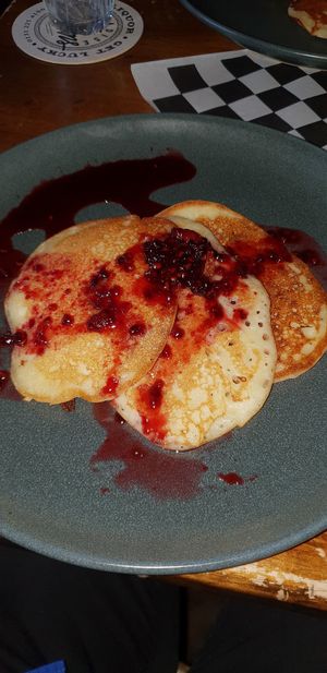 Homemade pancakes - that sauce tho   at Lucky Pig - Paradise Palms in Edinburgh