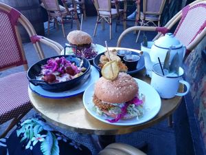 Burgers, fries with meatballs, fried pickles. All delicious! at Lucky Pig - Paradise Palms in Edinburgh