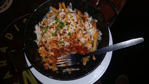 Not a great photo because it was dark, vegan chilli cheese fries at Lucky Pig - Paradise Palms in Edinburgh