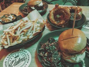 Vegan burgers (the royale & black bean burger), fries, onion rings, chipotle mac  at Lucky Pig - Paradise Palms in Edinburgh