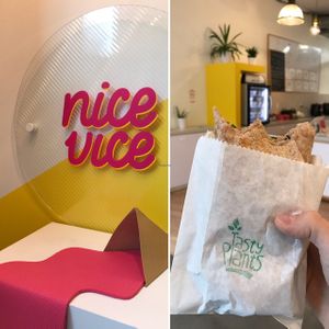 currently teamed up with Tasty Plants to serve hot vegan lunch options!! the burrito was delicious!! :) at Nice Vice in Vancouver