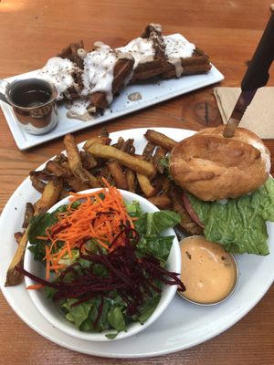 Churro waffles from the brunch menu and the Meet Burger at MeeT in Gastown in Vancouver