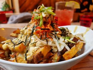 Vegan poutine with kimchi at MeeT in Gastown in Vancouver
