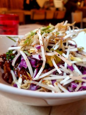 Black sesame and ginger "not beef" bowl at MeeT in Gastown in Vancouver