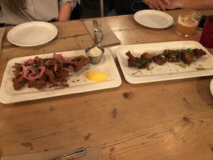 Mushroom Kalamari and cauliflower   at MeeT in Gastown in Vancouver