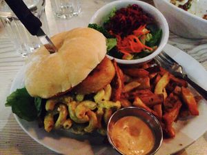 Mac and cheese burger  at MeeT in Gastown in Vancouver