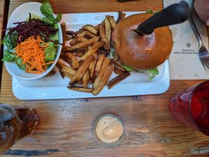 Vegan chicken burger with outstanding tzatziki sauce at MeeT in Gastown in Vancouver