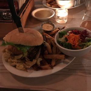 mac and cheese burger with side salad- yum! at MeeT in Gastown in Vancouver