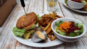 Burger with fries at MeeT in Gastown in Vancouver