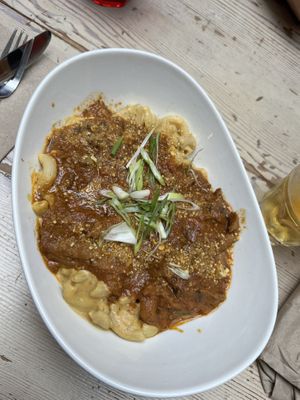 Mac and cheese with vegan butter chicken as extra protein… also wow!  at MeeT in Gastown in Vancouver
