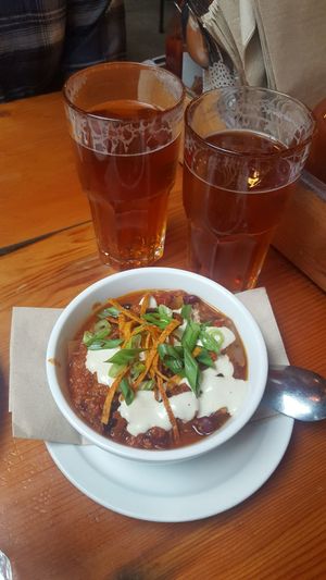 House chili and beer. Perfect comfort combo. at MeeT in Gastown in Vancouver
