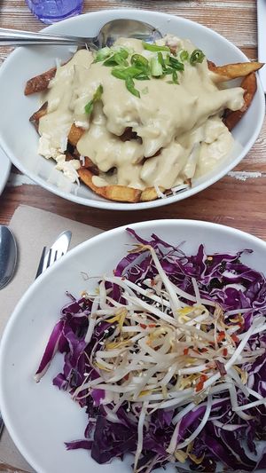 TeeM poutine and beefless ginger bowl at MeeT in Gastown in Vancouver