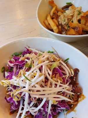 Beefless bowl and fries with cashew gravy at MeeT in Gastown in Vancouver