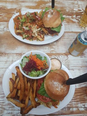 Mac n cheese burger and crazy poutine at MeeT in Gastown in Vancouver