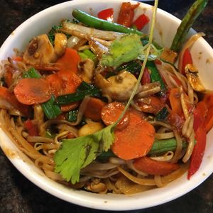 Thai basil with rice noodles and extra vegetables at Wok The FuZn in Jacksonville