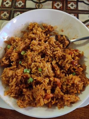 Vegan jambalaya entree. I ate a bit before taking the photo. at Allyn's Cafe in Cincinnati