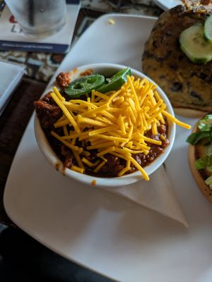 Vegan chili with Daiya cheddar at Allyn's Cafe in Cincinnati