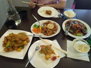 Satay "chicken", lemon "chicken" and smoked "duck" and vegetables at Formosa Vegetarian Eating House in Kardinya