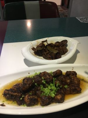 Joyful wheat gluten at the back (very good) and beef with fermented soy beans at the front at Super Vegan - Huang Pu District in Shanghai