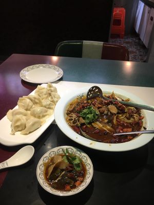 Hot and spicy vegan fish and dumplings  at Super Vegan - Huang Pu District in Shanghai