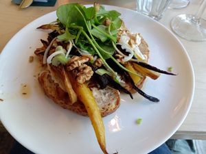 Open-faced sandwich with roasted carrots at Cafe De Ceuvel in Amsterdam