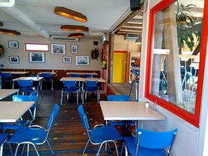 Some of the inside seating at Cafe De Ceuvel in Amsterdam