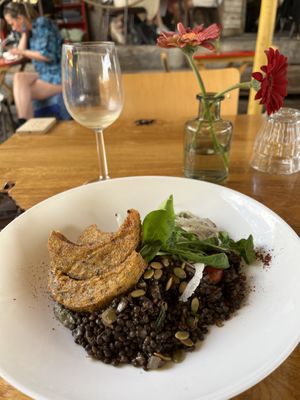 Crispy polenta and jasmine kombucha   at Cafe De Ceuvel in Amsterdam