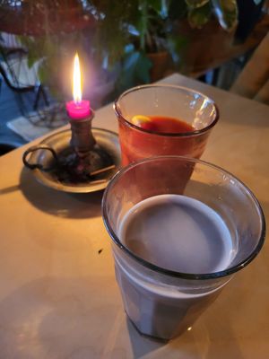 Tomato juice and chocolate milk at Cafe De Ceuvel in Amsterdam