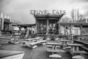 B/W photo of the front of Café de Ceuvel at Cafe De Ceuvel in Amsterdam