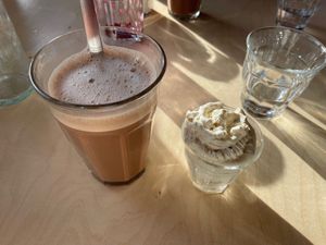 Hot chocolate with whipped cream at Cafe De Ceuvel in Amsterdam