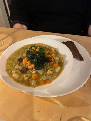 Pea soup with seitan and rye bread   at Cafe De Ceuvel in Amsterdam