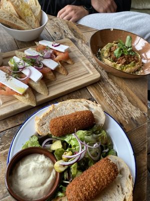 the best oyster mushroom “krokketten”, vegan feta om toast and delicious hummus💛 at Cafe De Ceuvel in Amsterdam