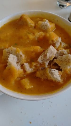Carrot & corriander soup (with my bread in it) at Jeelie Piece in Edinburgh
