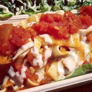 Great pasta with tahini and tomato sauce, a bit spicy at Herzog in Tel Aviv