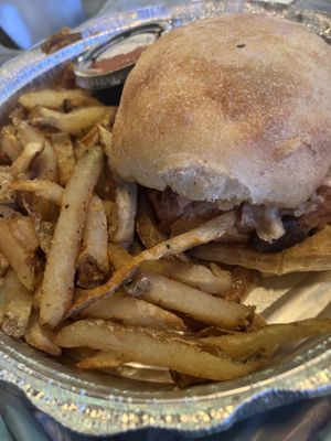 Vegan Flattus sandwich with fries   at GWARbar in Richmond