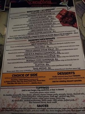 Menu at GWARbar in Richmond