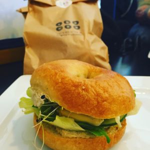 Vegan Bagel with hummus and veggies  at Beigeliu Krautuvele in Vilnius