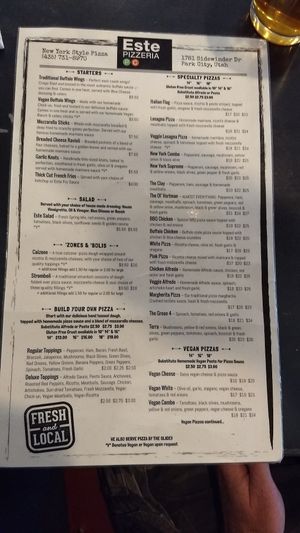 menu side 1 at Este Pizza in Park City