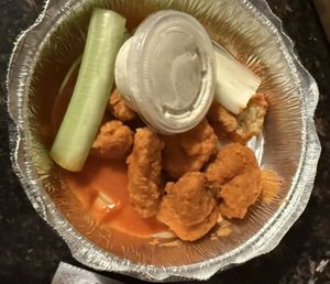 Vegan buffalo wings with vegan ranchh  at Este Pizza in Park City