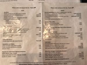 English menu at Cafe DA in Stuttgart