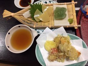 vegetable tempura and konnyaku sashimi at Shiki-Saisai Non in Shirahama