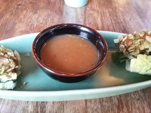Pumpkin croquette with puffed green rice (though I focused more on the sauce :() at Minh Mat in Stockholm