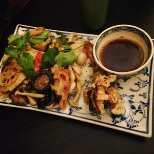 5 different mushrooms with rice at Minh Mat in Stockholm