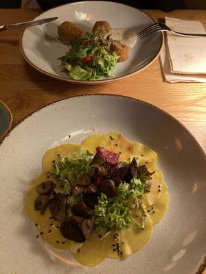 Mushroom croquettes and beet carpaccio as 2nd course at Eetcafe Ceramique in Maastricht