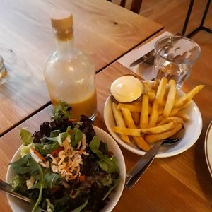 Main course was served with a side salad and fries. Vegans, be sure to let them know in advance that you don't want mayo! at Eetcafe Ceramique in Maastricht