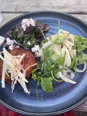 Mushrooms, vegan feta, potato rosti   at Ray Cafe in Brunswick