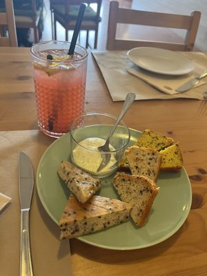 Gluten free bread and limonada casera with red berries   at Samelo Veg in Tenerife