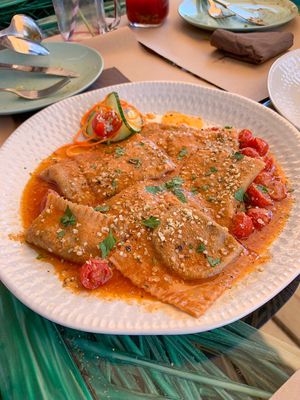 Mushroom filled ravioli with cherry tomato sauce at Samelo Veg in Tenerife