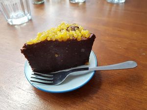 chocolate cake with orange caviar at Hoezo in Leiden