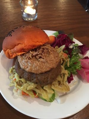 Delicious orange bun burger at Hoezo in Leiden